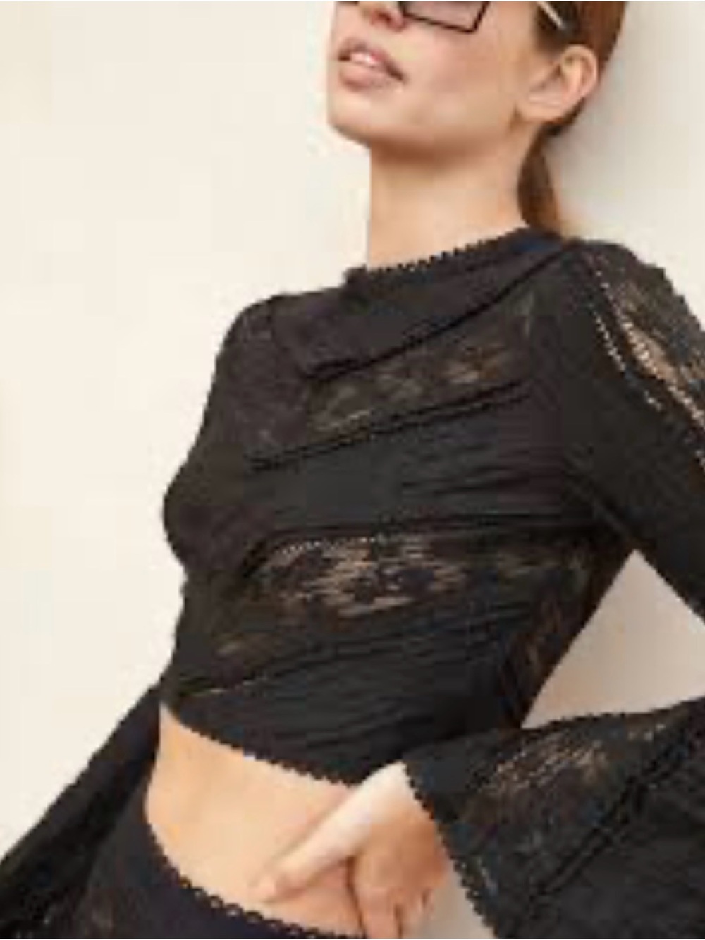 Charo black Lace Bell-Sleeve Cropped Top